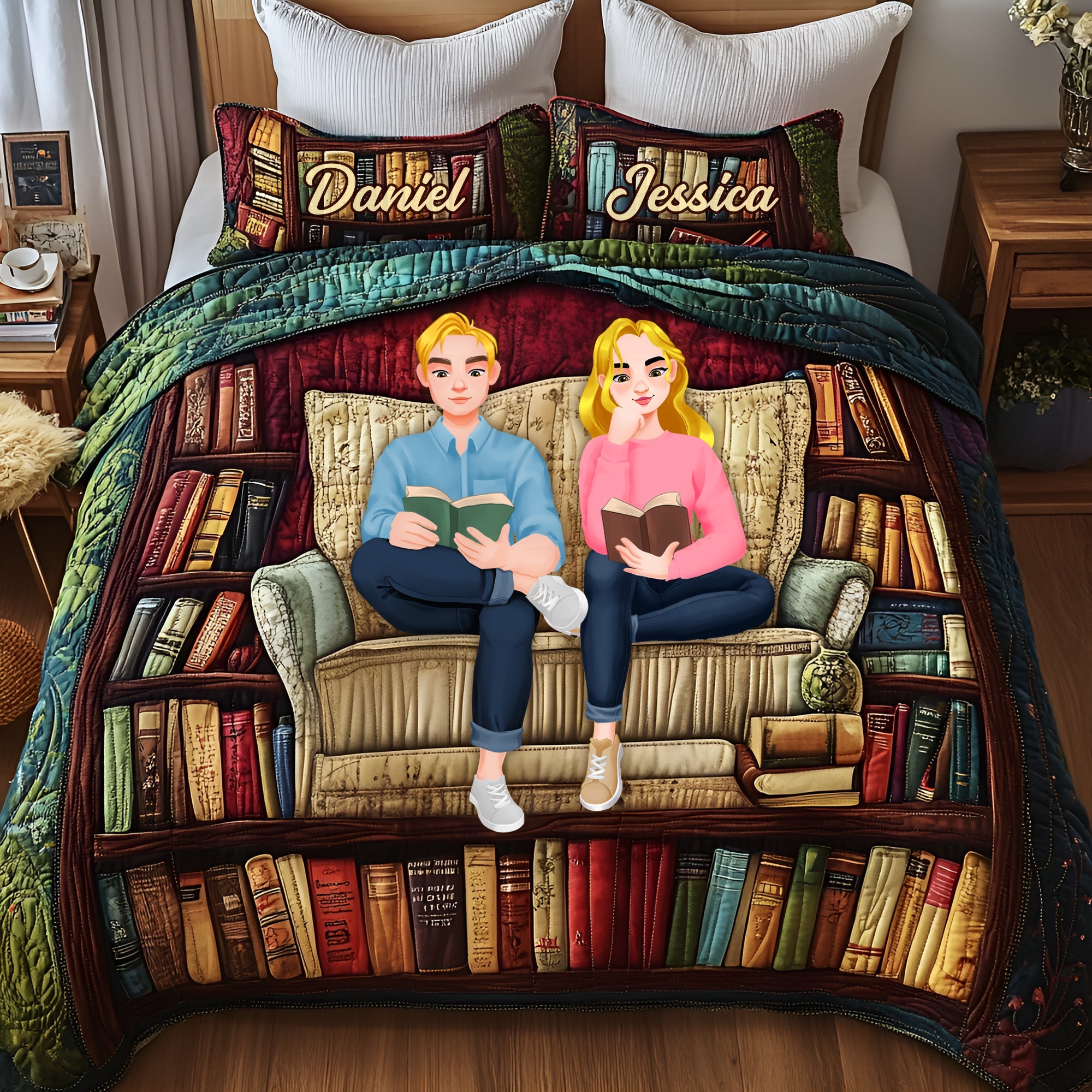 "Immerse in Your Story Together: Bookish Couple Quilt Bedding Set - Personalized Gift for Couples, Readers, and Book Lovers" Blanket PopCulturePrints
