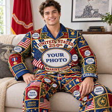 Load image into Gallery viewer, Celebrate Freedom with Style - Patriotic Button Up Pajama Set - Personalized Gift for Veterans