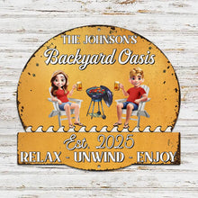 Load image into Gallery viewer, Poolside Paradise: Personalized Metal Sign for Couples Metal Sign PopCulturePrints