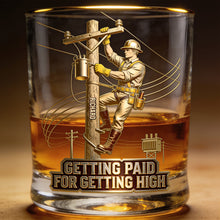 Load image into Gallery viewer, "Getting Paid for Getting High" - Proud Lineman Round Glass - Personalized Gift for Workers Glass PopCulturePrints
