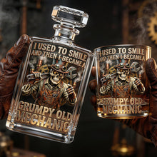 Load image into Gallery viewer, "I Used to Smile and Then I Became a" - Grumpy Old Mechanic Decanter Set - Personalized Gift for Mechanics Bottle PopCulturePrints
