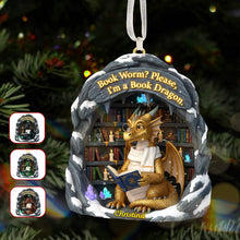 Load image into Gallery viewer, “Book Worm? Please, I’m a Book Dragon” Personalized Christmas Ornament - Unique Gift for Book Lovers, Readers, and Friends Ornament PopCulturePrints