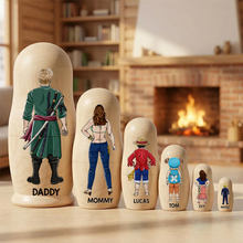 Load image into Gallery viewer, "Celebrate Family Bonds with Custom Designs" - Adventure Family Wooden Nesting Dolls - Personalized Gifts for Mom and Grandma Wooden Nesting Dolls PopCulturePrints