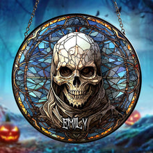 Load image into Gallery viewer, Customizable Skull Halloween Stained Glass Suncatcher Suncatcher PopCulturePrints