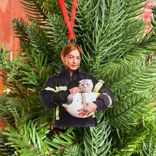 Load image into Gallery viewer, Personalized Firefighter Photo Ornament with Cat Ornament PopCulturePrints