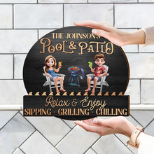 Load image into Gallery viewer, “Relax & Enjoy at Poolside Paradise” - Personalized Custom Shaped Wood Sign - Perfect Gift for Couples, Friends, and Family Wood Shaped Sign PopCulturePrints