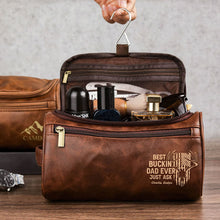 Load image into Gallery viewer, “Best Buckin’ Dad Ever!” - Personalized Leather Toiletry Bag for Hunting Dads, Gift for Dad, Grandpa, and Father’s Day Toiletry Bag PopCulturePrints