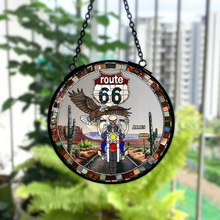 Load image into Gallery viewer, Personalized Route 66 Biker Suncatcher - Skull Motorcycle Stained Glass Suncatcher PopCulturePrints