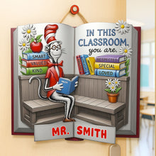 Load image into Gallery viewer, "You Are Respected, Special, and Loved" - Red Hat Cat Wood Sign - Personalized Gift for Teachers Wood Sign PopCulturePrints