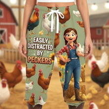 Load image into Gallery viewer, Easily Distracted by Peckers - Personalized Farm Chicken Pajama Pants Pajama Pant PopCulturePrints