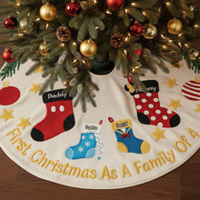 Load image into Gallery viewer, Celebrate Your First Christmas as a Family of 4 - Personalized Holiday Stocking Quilted Tree Skirt Tree Skirt PopCulturePrints