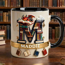 Load image into Gallery viewer, Ignite Your Imagination with Our Vintage Book Dragon Initial Letter Mug - Personalized Gift for Book Lovers Coffee Mug PopCulturePrints