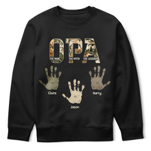 Load image into Gallery viewer, The Man, The Myth, The Legend – Personalized Dad T-Shirt with Kids' Handprints T-shirt PopCulturePrints