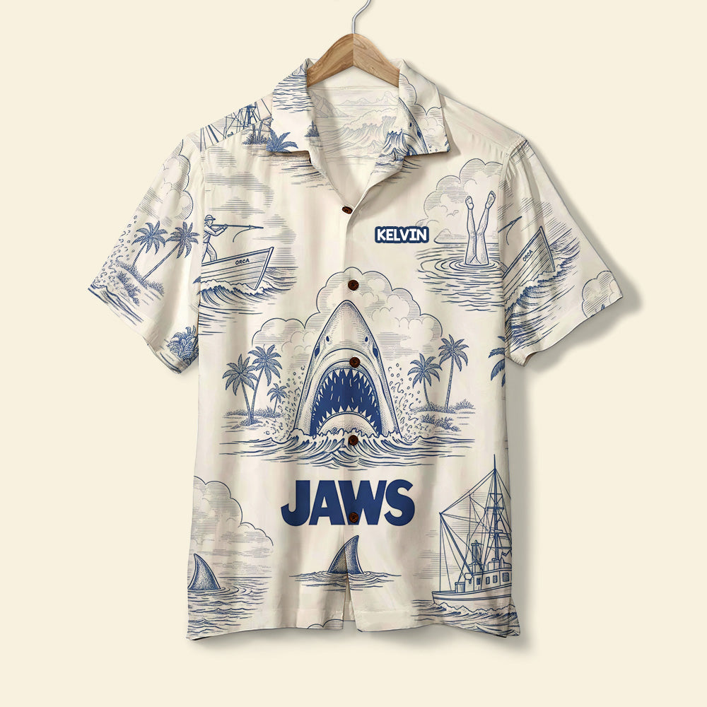 "Unleash Your Inner Shark!" - Personalized Shark Toile De Jouy Style Hawaiian Shirt - Custom Gift for Movie Lovers, Fathers, and Friends Hawaiian Shirts PopCulturePrints