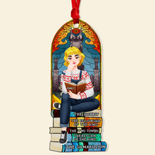 Load image into Gallery viewer, Personalized Christmas Ornament for Book Lovers – Girl Sitting on Books Ornament PopCulturePrints