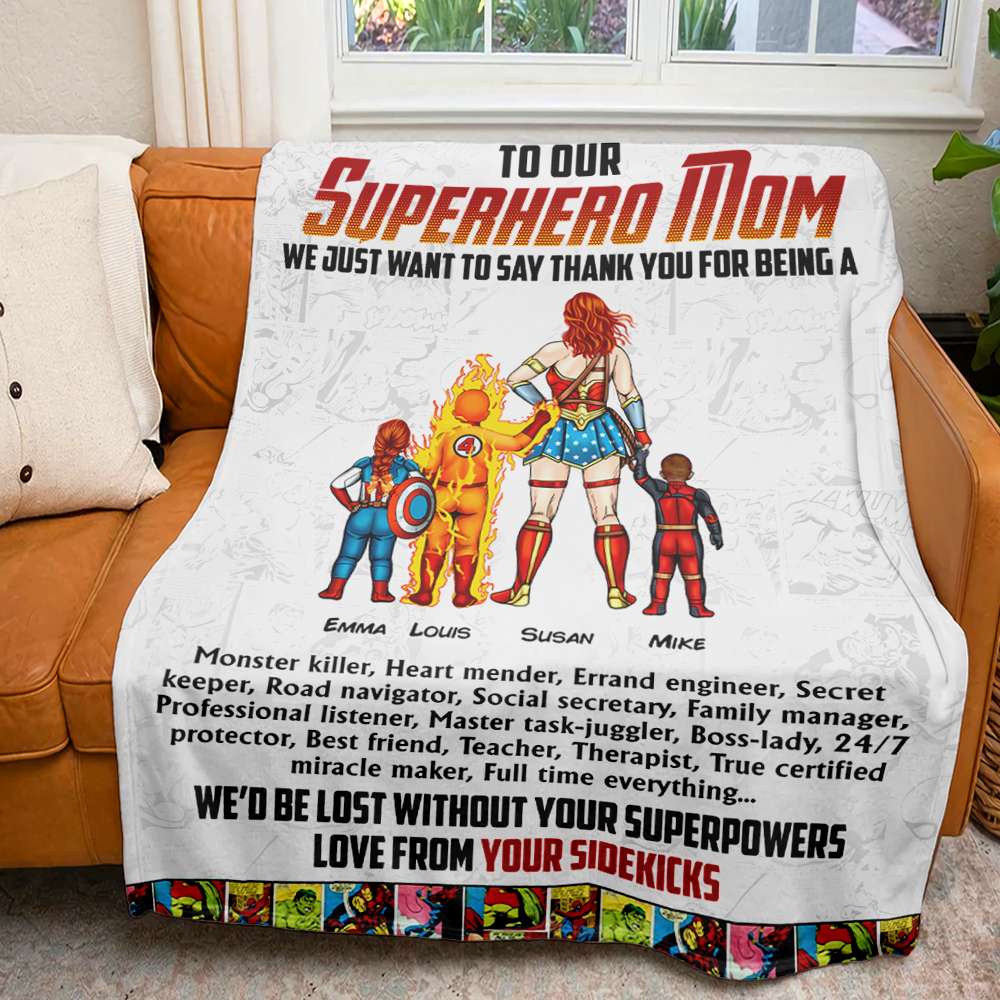 Superhero Mom Personalized Blanket - Custom Names Gift Blanket PopCulturePrints