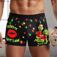 Load image into Gallery viewer, “I Licked It So It’s Mine!” - Personalized Mischief Green Couple Boxers - Perfect Christmas Gift for Him Boxer Briefs PopCulturePrints