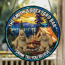 Load image into Gallery viewer, Personalized Bigfoot Seeker Stained Glass Suncatcher Ornament - Backyard Bar Theme Suncatcher PopCulturePrints