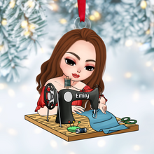 Load image into Gallery viewer, Personalized Sewing Lover Ornament - Sitting Girl with Sewing Machine Ornament PopCulturePrints