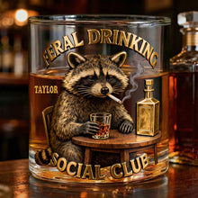 Load image into Gallery viewer, “Raise a Glass with the Moody Drinking Raccoon” - Personalized Round Glass - Gift for Drinking Lovers Glass PopCulturePrints