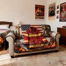Load image into Gallery viewer, “Brave the Flames!” - Firefighter Quilted Sofa Cover - Personalized Gift for Firefighters and Heroic Souls Sofa Cover PopCulturePrints