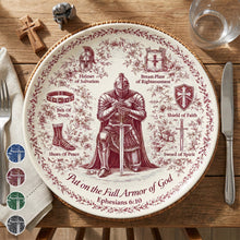 Load image into Gallery viewer, “Put on the Full Armor of God” - Kneeling Knight Round Ceramic Plate - Personalized Gifts for Christians Ceramic Round Plate PopCulturePrints