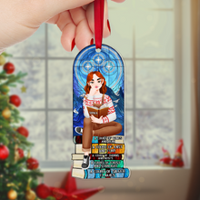 Load image into Gallery viewer, Personalized Christmas Book Lover's Ornament - Girl Reading on Book Stack Ornament PopCulturePrints