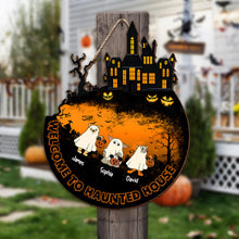 Load image into Gallery viewer, Customizable Family Halloween Wood Sign - Haunted House Welcome Wood Sign PopCulturePrints