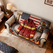 Load image into Gallery viewer, “Brave the Flames!” - Firefighter Quilted Sofa Cover - Personalized Gift for Firefighters and Heroic Souls Sofa Cover PopCulturePrints