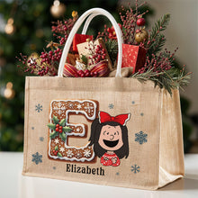 Load image into Gallery viewer, Personalized Christmas Jute Tote Bag for Kids - Alphabet Design Jute Tote Bag PopCulturePrints