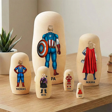 Load image into Gallery viewer, “Celebrate Family Love” - Power Family Wooden Nesting Dolls - Personalized Mother's Day Gifts Wooden Nesting Dolls PopCulturePrints