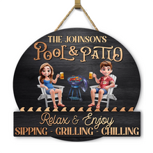 Load image into Gallery viewer, “Relax & Enjoy at Poolside Paradise” - Personalized Custom Shaped Wood Sign - Perfect Gift for Couples, Friends, and Family Wood Shaped Sign PopCulturePrints