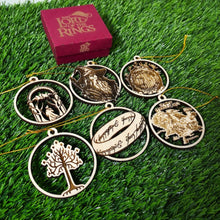 Load image into Gallery viewer, Set of 6 Wooden Middle-Earth Christmas Ornaments Ornament PopCulturePrints