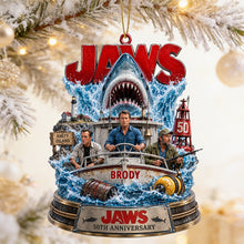 Load image into Gallery viewer, “Courage Meets Adventure” - Personalized Jaws 50th Anniversary Ornament - Custom Gift for Movie Lovers, Families, and Friends Ornament PopCulturePrints