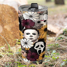 Load image into Gallery viewer, Horror Icons Floral Tumbler - Michael Myers, Ghostface, Jason Voorhees Tumbler Cup PopCulturePrints