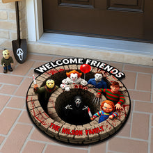 Load image into Gallery viewer, "Welcome Friends!" - Horror Halloween Villains Doormat - Personalized, Custom Gift for Movie Fans Doormat PopCulturePrints