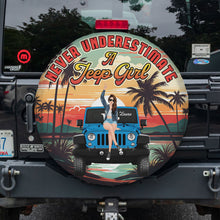 Load image into Gallery viewer, Never Underestimate a Jeep Girl Personalized Tire Cover Tire Covers PopCulturePrints