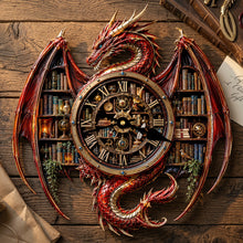 Load image into Gallery viewer, “Time is the essence of knowledge” - Vintage Dragon Bookstore Wall Hanging Clock, Personalized Gift for Book Lovers Hanging Wall Clock PopCulturePrints