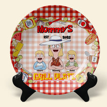 Load image into Gallery viewer, "Grill Like a Pro with Your Family's Names - Personalized Ceramic Round Plate for Mom" Ceramic Round Plate PopCulturePrints