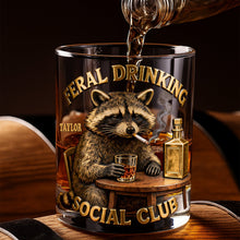 Load image into Gallery viewer, “Raise a Glass with the Moody Drinking Raccoon” - Personalized Round Glass - Gift for Drinking Lovers Glass PopCulturePrints