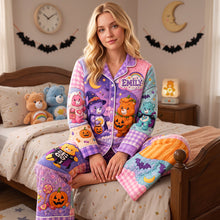 Load image into Gallery viewer, “Spook-tacular Comfort Awaits!” - Cute Spooky Pumpkin Button Up Pajama Set - Personalized Halloween Gifts Sleepwear Pajama Set PopCulturePrints