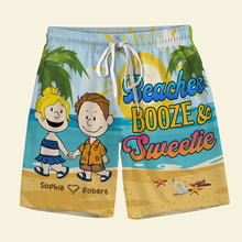 Load image into Gallery viewer, Personalized Valentine's Day Gifts: Beaches Booze & Sweetie Couple Beach Shorts | Custom Beachwear Shorts and Pants PopCulturePrints