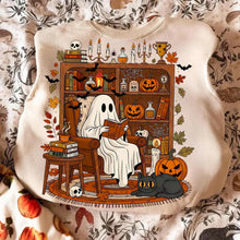 Load image into Gallery viewer, "Read Between the Spooks: Cozy Ghost in Library Tee" - Personalized Gift for Book Lovers & Halloween Enthusiasts Shirts PopCulturePrints