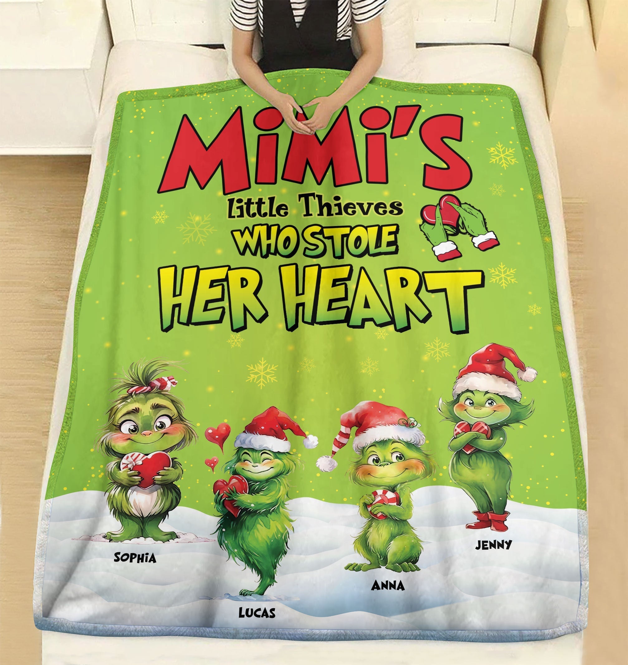 Mimi's Little Thieves who Stole Her Heart, Personalized Blanket for Grandma, Green Kids Christmas Blanket Blanket PopCulturePrints