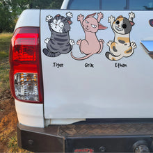 Load image into Gallery viewer, Personalized Car Decal for Cat Lovers - Funny Hanging Cats Custom Names Decal Sticker PopCulturePrints
