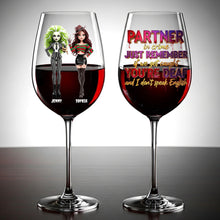 Load image into Gallery viewer, “Partners in Crime for Halloween!” - Spooky Dolls Personalized Wine Glass - Custom Gift for Besties and Drinking Lovers Wine Glass PopCulturePrints