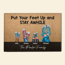 Load image into Gallery viewer, Personalized Family Sneakers Doormat - Put Your Feet Up and Stay Awhile Doormat PopCulturePrints