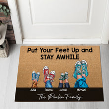 Load image into Gallery viewer, Personalized Family Sneakers Doormat - Put Your Feet Up and Stay Awhile Doormat PopCulturePrints