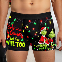 Load image into Gallery viewer, “Christmas Is Coming and You Will Too” - Personalized Grinch Couples Boxers - Gift for Him & Her Boxer Briefs PopCulturePrints