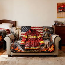 Load image into Gallery viewer, “Brave the Flames!” - Firefighter Quilted Sofa Cover - Personalized Gift for Firefighters and Heroic Souls Sofa Cover PopCulturePrints